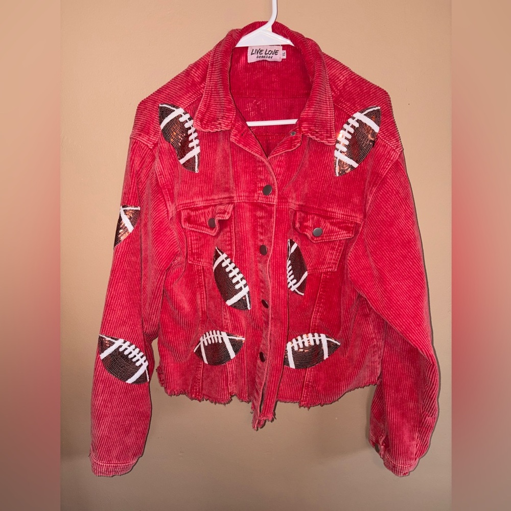 Chief Red cropped corduroy sequined football jacket size XL and L